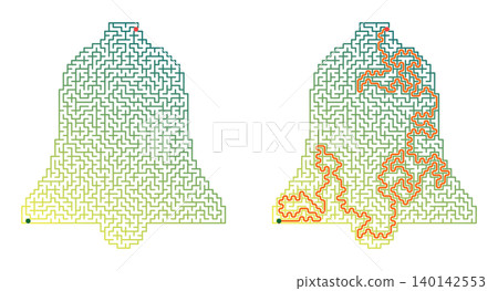 Bell shaped maze puzzle with solution. Easter labyrinth activity worksheet for children. Green and yellow gradient design on transparent background 140142553
