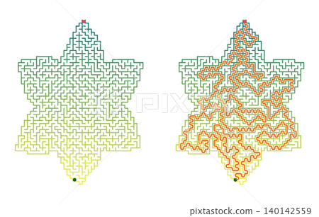 Easter maze puzzle printable sheet. Star shaped labyrinth game for kids with solution. Educational logic activity vector illustration Easter maze puzzle printable sheet. Star shaped labyrinth game for kids with solution. Educational logic activity vector illustration 140142559