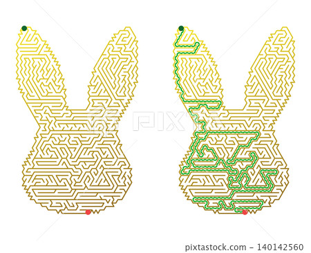 Easter bunny maze puzzle activity for kids. Rabbit shaped labyrinth game with solution. Educational worksheet vector illustration Easter bunny maze puzzle activity for kids. Rabbit shaped labyrinth game with solution. Educational worksheet vector illustration 140142560