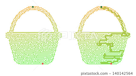Easter basket maze worksheet vector. Solved and unsolved labyrinth puzzle game for kids. Educational activity with green path solution on transparent background 140142564