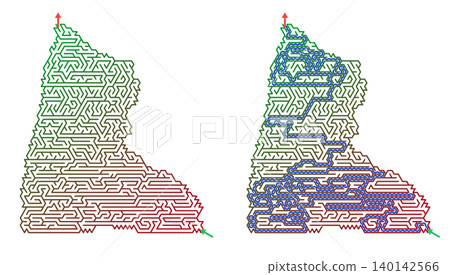 Christmas boot shaped holiday labyrinth game sheet. Green and red gradient maze puzzle with solution path. Printable educational activity for kids Christmas boot shaped holiday labyrinth game sheet. Green and red gradient maze puzzle with solution path. Printable educational activity for kids 140142566