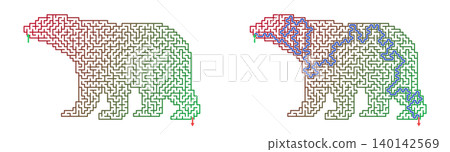 Printable polar bear shape maze puzzle for kids. Winter holiday labyrinth game with solution path. Isolated on transparent background 140142569
