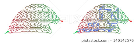 Printable winter holiday hat shape labyrinth. Unsolved and solved maze puzzle game with blue path on transparent background. Educational activity for kids 140142576