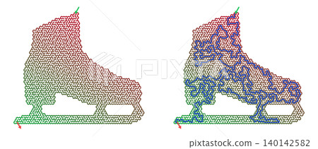Printable winter labyrinth puzzle shaped like an ice skate. Educational maze game for kids with solution path. Unsolved and solved worksheet on transparent background Printable winter labyrinth puzzle shaped like an ice skate. Educational maze game for kids with solution path. Unsolved and solved worksheet on transparent background 140142582