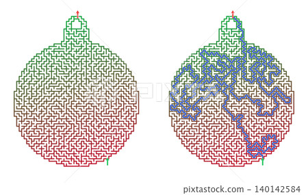 Printable winter maze sheet shaped like a Christmas ornament. Educational labyrinth game for kids with solution path. Unsolved and solved bauble worksheet on transparent background Printable winter maze sheet shaped like a Christmas ornament. Educational labyrinth game for kids with solution path. Unsolved and solved bauble worksheet on transparent background 140142584