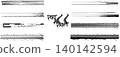 Diverse collection of black grungy tire track patterns with distinct skid marks and a central 'Dirt & Drift' text design on a white background 140142594