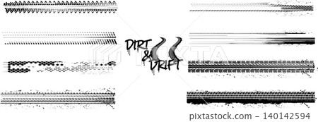 Diverse collection of black grungy tire track patterns with distinct skid marks and a central 'Dirt & Drift' text design on a white background Diverse collection of black grungy tire track patterns with distinct skid marks and a central 'Dirt & Drift' text design on a white background 140142594