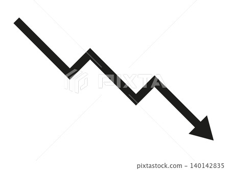 一個簡單的黑色向下箭頭圖標，表示下降或減少。 140142835