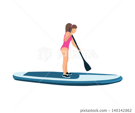 Vector isolated illustration of a girl floating on a stand-up paddleboard. 140142862