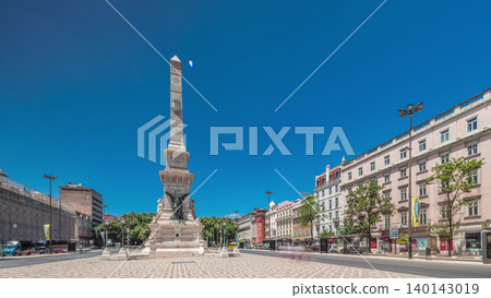 Restauradores Square in Lisbon timelapse hyperlapse. Monument to the Restorers and historical houses around Restauradores Square in Lisbon timelapse hyperlapse. Monument to the Restorers and historical houses around 140143019