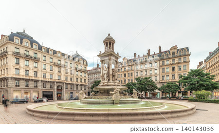 Hyperlapse of Place des Jacobins in Lyon, France, featuring the ornate Fontaine des Jacobins surrounded by historic buildings. Hyperlapse of Place des Jacobins in Lyon, France, featuring the ornate Fontaine des Jacobins surrounded by historic buildings. 140143036