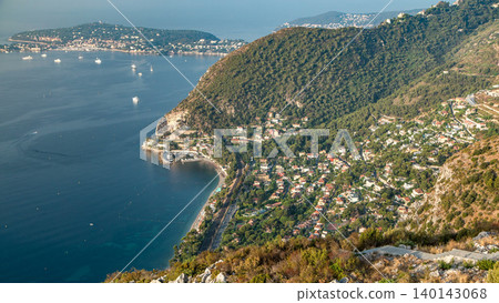 Morning timelapse view of the Mediterranean coastline of the town of Eze village on the French Riviera 140143068