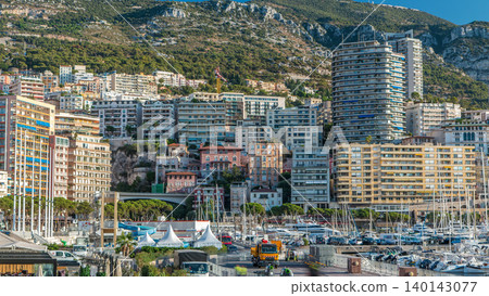 Monte Carlo Port Hercule panorama timelapse. View of luxury yachts and houses in Monaco, Cote d'Azur. Monte Carlo Port Hercule panorama timelapse. View of luxury yachts and houses in Monaco, Cote d'Azur. 140143077