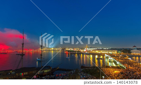 Fireworks timelapse over the city of St. Petersburg Russia on the feast of Scarlet Sails, view from rooftop. Fireworks timelapse over the city of St. Petersburg Russia on the feast of Scarlet Sails, view from rooftop. 140143078
