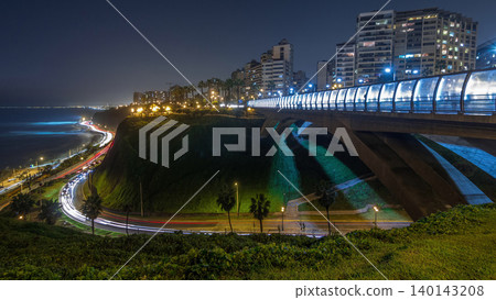 Villena Bridge with traffic and partial City view in the Background day to night timelapse, Lima, Peru. Villena Bridge with traffic and partial City view in the Background day to night timelapse, Lima, Peru. 140143208