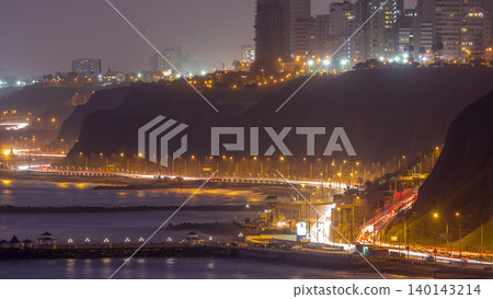 Aerial view of Lima's Coastline in the neighborhood of Miraflores day to night timelapse, Lima, Peru Aerial view of Lima's Coastline in the neighborhood of Miraflores day to night timelapse, Lima, Peru 140143214