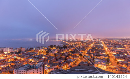 Panoramic skyline of Lima city from above with many buildings aerial night to day transition timelapse. Lima, Peru Panoramic skyline of Lima city from above with many buildings aerial night to day transition timelapse. Lima, Peru 140143224