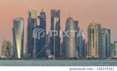 Skyline of Doha night to day transition timelapse in Qatar 140143261