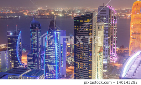 The skyline of the West Bay area from top in Doha day to night timelapse, Qatar. The skyline of the West Bay area from top in Doha day to night timelapse, Qatar. 140143282