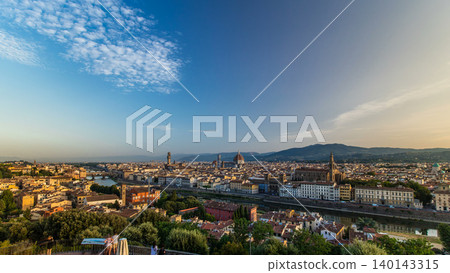 Top view of Florence city timelapse at sunrise with arno river bridges and historical buildings Top view of Florence city timelapse at sunrise with arno river bridges and historical buildings 140143315