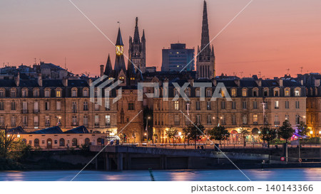 Panoramic view of Bordeaux city skyline day to night transition timelapse. France Panoramic view of Bordeaux city skyline day to night transition timelapse. France 140143366
