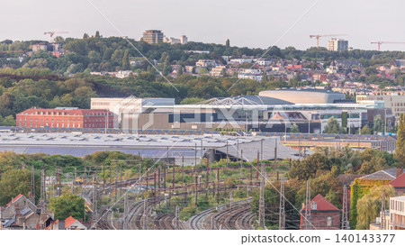 Aerial timelapse of Brussels North station railway tracks with trains arriving and departing. Belgium Aerial timelapse of Brussels North station railway tracks with trains arriving and departing. Belgium 140143377
