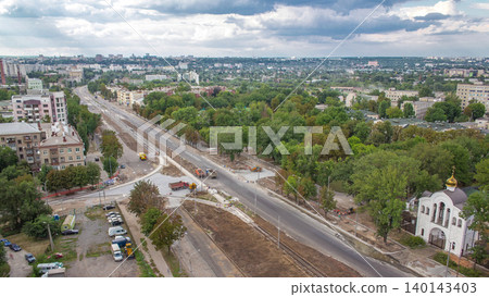 Panoramic aerial view of road big construction site timelapse Panoramic aerial view of road big construction site timelapse 140143403