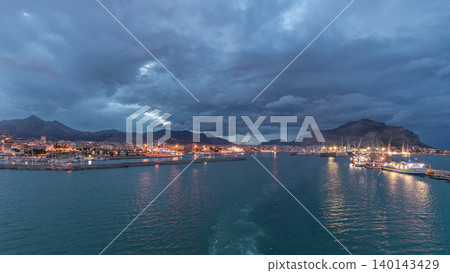 Aerial view of sea with waves and port from ship sailing in the open sea timelapse Aerial view of sea with waves and port from ship sailing in the open sea timelapse 140143429