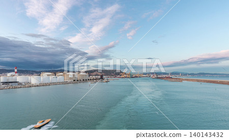 Aerial view of sea with waves and port from ship sailing in the open sea timelapse 140143432