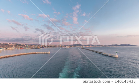 Aerial view of sea with waves and port from ship sailing in the open sea timelapse Aerial view of sea with waves and port from ship sailing in the open sea timelapse 140143433