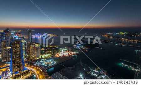JBR and Bluewaters island aerial day to night timelapse JBR and Bluewaters island aerial day to night timelapse 140143439