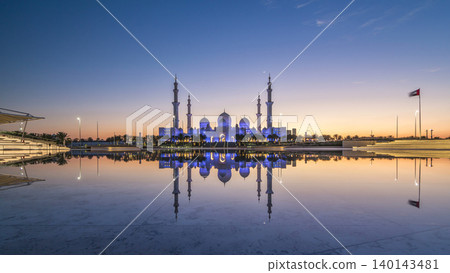 Sheikh Zayed Grand Mosque in Abu Dhabi day to night timelapse after sunset, UAE 140143481