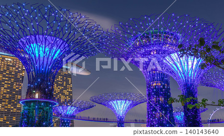Futuristic aerial view of amazing illumination at Garden by the Bay day to night timelapse in Singapore. Futuristic aerial view of amazing illumination at Garden by the Bay day to night timelapse in Singapore. 140143640
