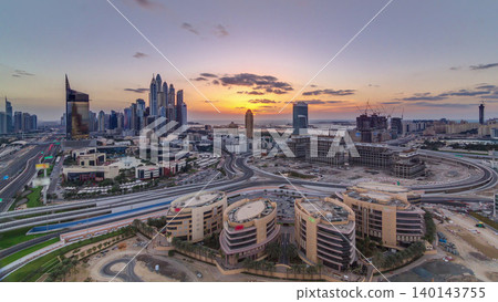 Sunset over Dubai Media City with Modern buildings aerial timelapse, United Arab Emirates Sunset over Dubai Media City with Modern buildings aerial timelapse, United Arab Emirates 140143755