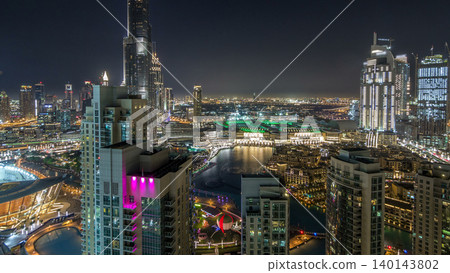 Dubai downtown cityscape with Burj Khalifa, LightUp light show aerial timelapse Dubai downtown cityscape with Burj Khalifa, LightUp light show aerial timelapse 140143802