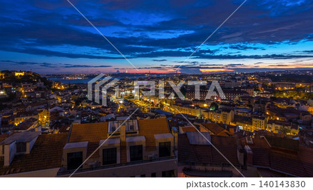 Lisbon after sunset aerial panorama view of city centre with red roofs at Autumn day to night timelapse, Portugal Lisbon after sunset aerial panorama view of city centre with red roofs at Autumn day to night timelapse, Portugal 140143830
