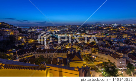 Lisbon panorama after sunset aerial view of city centre with red roofs at autumn day to night timelapse, Portugal Lisbon panorama after sunset aerial view of city centre with red roofs at autumn day to night timelapse, Portugal 140143835