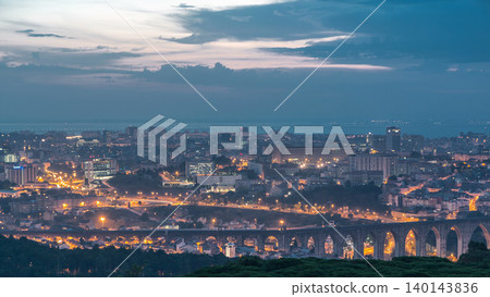Panoramic view over Lisbon and Almada from a viewpoint in Monsanto night to day timelapse. Panoramic view over Lisbon and Almada from a viewpoint in Monsanto night to day timelapse. 140143836