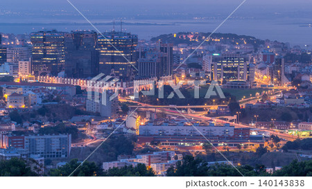 Panoramic view over Lisbon and Almada from a viewpoint in Monsanto night to day timelapse. Panoramic view over Lisbon and Almada from a viewpoint in Monsanto night to day timelapse. 140143838