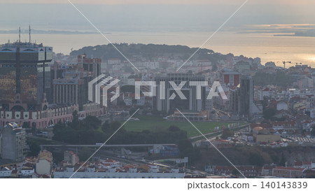 Panoramic overview during sunrise over Lisbon from a viewpoint in Monsanto morning timelapse. Panoramic overview during sunrise over Lisbon from a viewpoint in Monsanto morning timelapse. 140143839