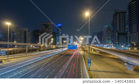 Sheikh Zayed road traffic day to night timelapse and Dubai Metro. Dubai, UAE. 140143881