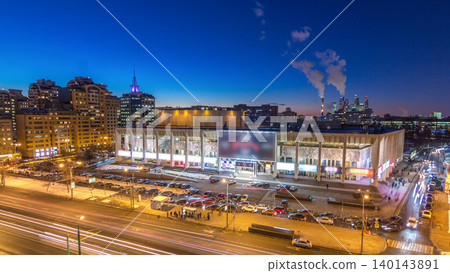 Moscow city Russia skyline aerial panoramic top view day to night timelapse urban winter snow scenery architecture background 140143891