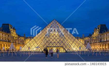 The Louvre museum pyramid after sunset day to night timelapse in Paris, France The Louvre museum pyramid after sunset day to night timelapse in Paris, France 140143915