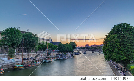 View to Pont des Arts in Paris at sunset timelapse, France 140143924