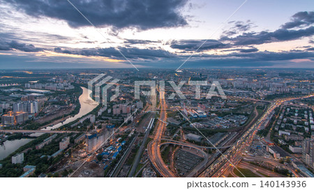 Aerial top view of Moscow city day to night timelapse after sunset. From the observation deck Aerial top view of Moscow city day to night timelapse after sunset. From the observation deck 140143936
