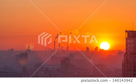 Residential buildings, Stalin skyscrapers and panorama of city at sunrise timelapse in Moscow, Russia Residential buildings, Stalin skyscrapers and panorama of city at sunrise timelapse in Moscow, Russia 140143942