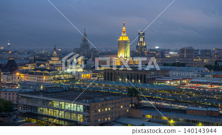 Evening top view of three railway stations day to night timelapse at the Komsomolskaya square in Moscow, Russia 140143944