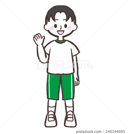 An illustration of a boy in gym clothes smiling and waving. An illustration of a boy in gym clothes smiling and waving. 140144085