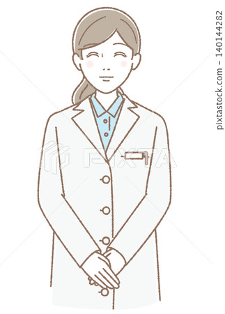一位身穿白大褂的女性(可能是醫生、藥劑師或醫務人員)的向量插圖,面帶微笑,面向前方。 一位身穿白大褂的女性(可能是醫生、藥劑師或醫務人員)的向量插圖,面帶微笑,面向前方。 140144282