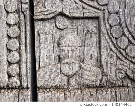 Ancient wooden carvings that decorate buildings in Svaneti, Georgia Ancient wooden carvings that decorate buildings in Svaneti, Georgia 140144463